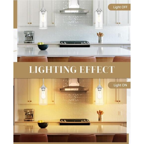 Pendant Light Fixture Brushed Nickel Clear Glass, Kitchen Dining Room Bedroom - Picture 3 of 7